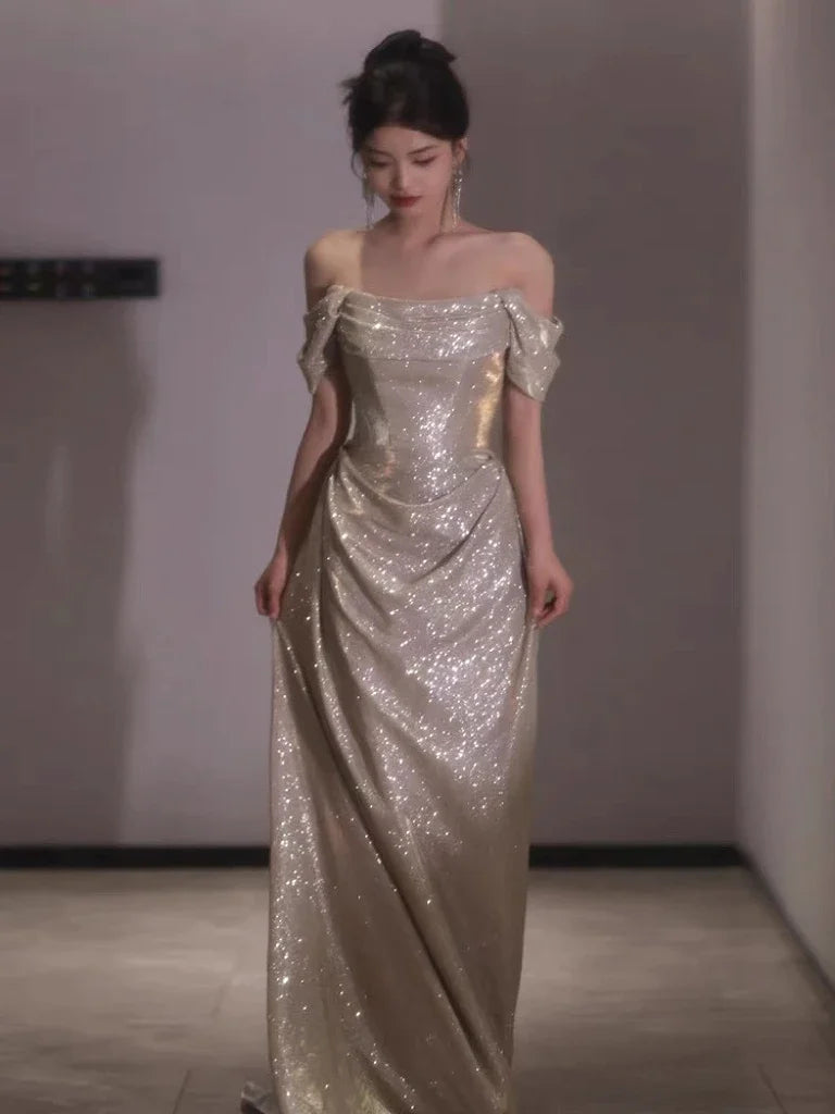Luxury Ruched Mermaid Sleeveless Sexy Sequins Evening Dress Banquet Light Fishtail Long Host Ceremony Party Prom Gown Aiertu