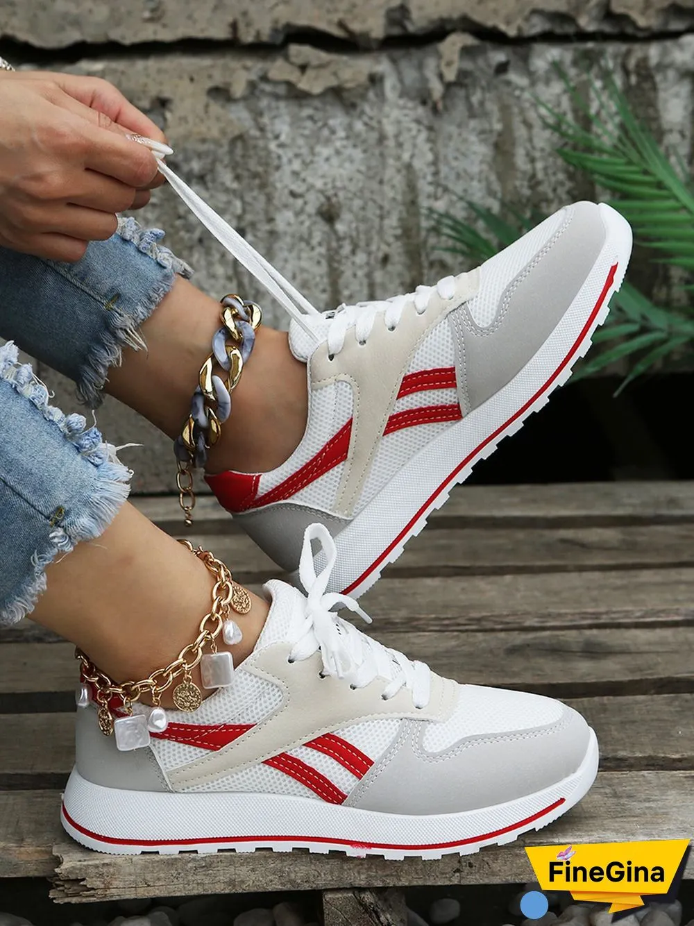 Color Block Sports All Season Split Joint Flat Heel Round Toe Fabric Fabric Lace-Up Sneakers for Women