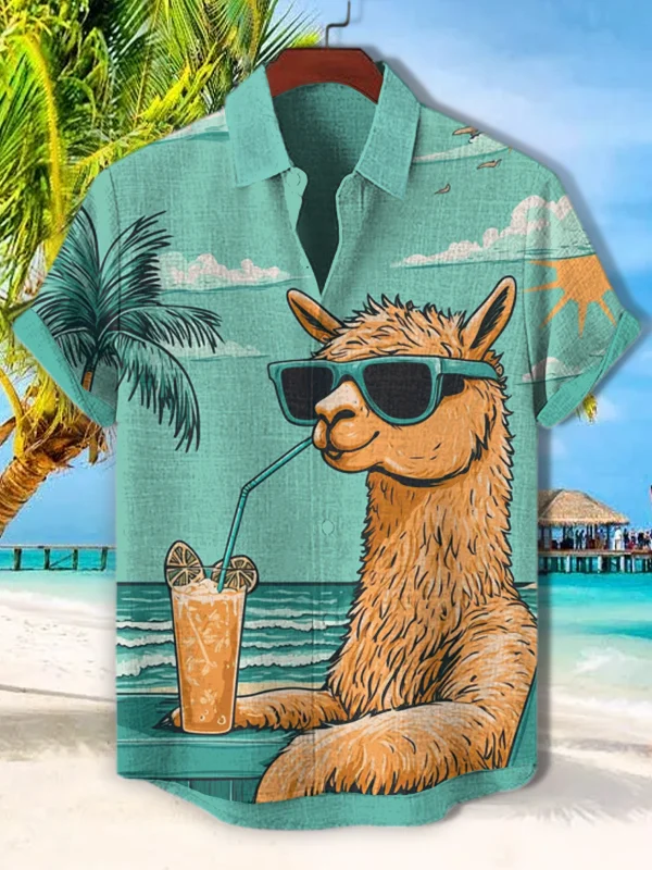 Men's Alpaca Drinks Juice Art Print Vacation Short Sleeve Shirt