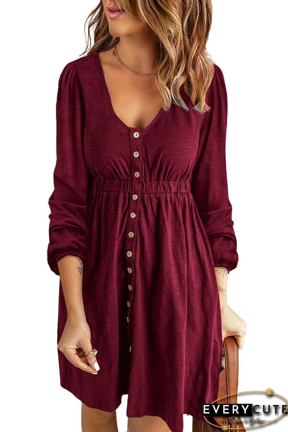 Wine Button Up High Waist Long Sleeve Dress