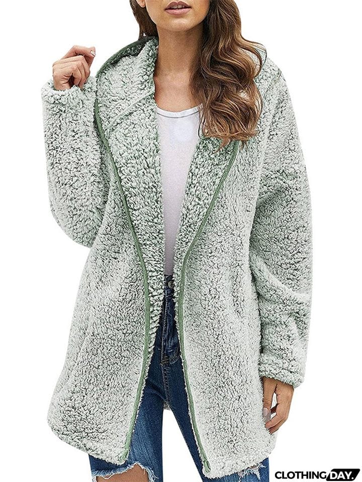Ladies Casual Solid Color Hooded Plush Fleece Coats