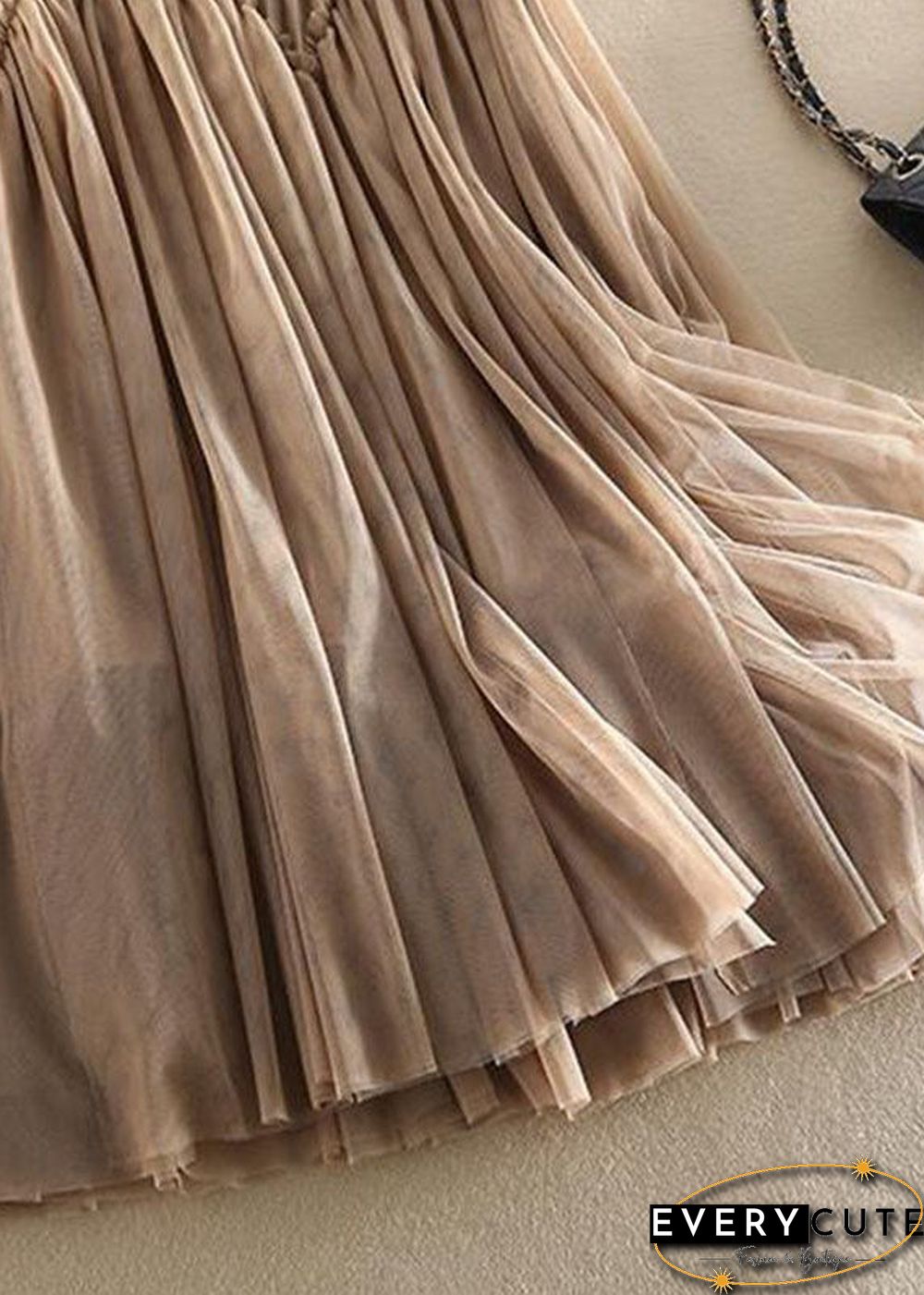Original Design Khaki High Waist Ruffled Patchwork Tulle Pleated Skirts Spring