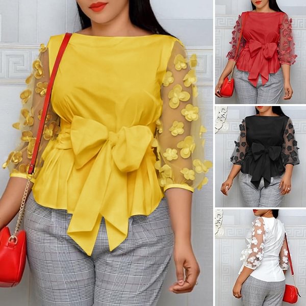 3/4 Sleeve Elegent Party Gown Lacepatwork Tops Ladies Shirt O Neck Blouse Vintage Pullover Summer - Shop Trendy Women's Fashion | TeeYours