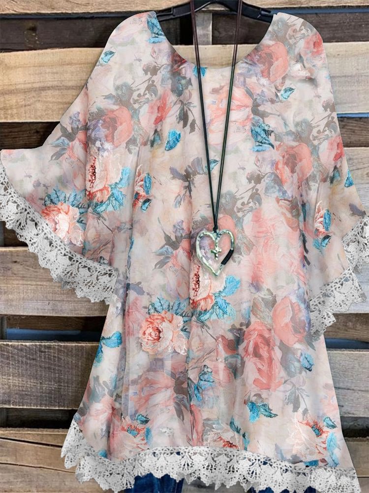 Casual O-neck Loose Flower Printed Top