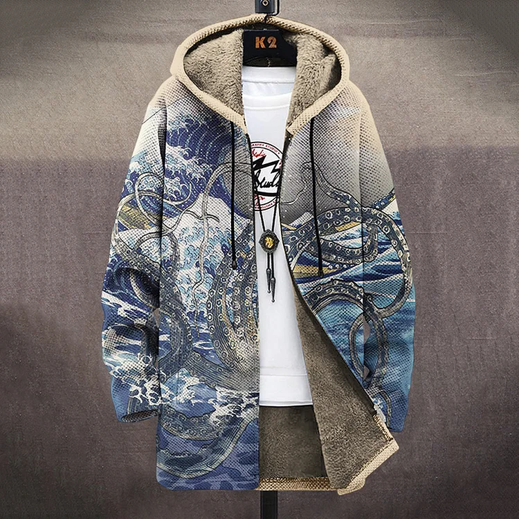Men's Sea Wave Octopus Art Print Fleece Lined Hooded Trench Coat