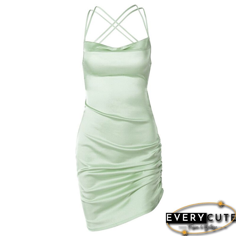 Women Strap Mini Dress Ruched Lace Up Cross Bandage Backless Bodycon Sexy Party Elegant Club Christmas Slim