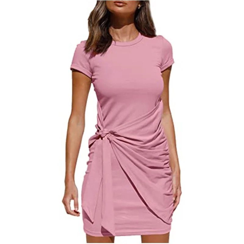 Women Dress Short Sleeved Round Neck Belt Dress
