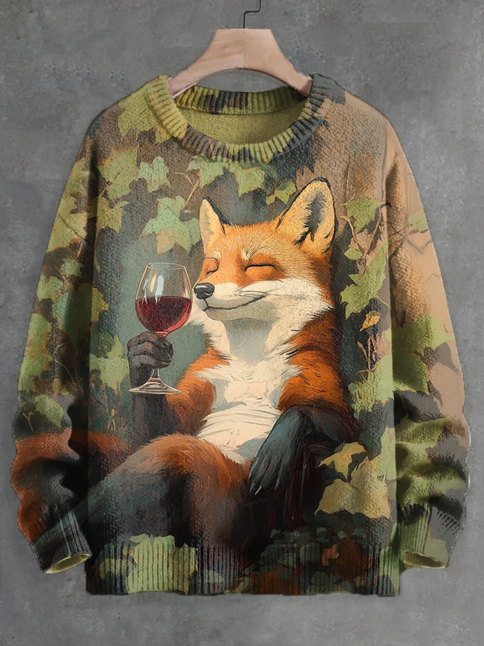 Men's Goblin Fox Drinking Red Wine Art Print Knit Sweatshirt