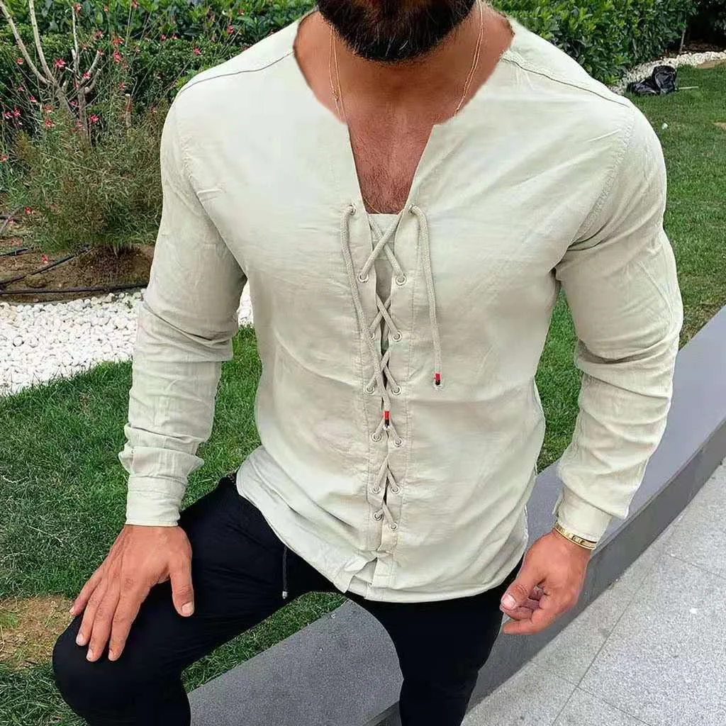 Casual Sports Laced V-neck Long-sleeved Men's Shirt