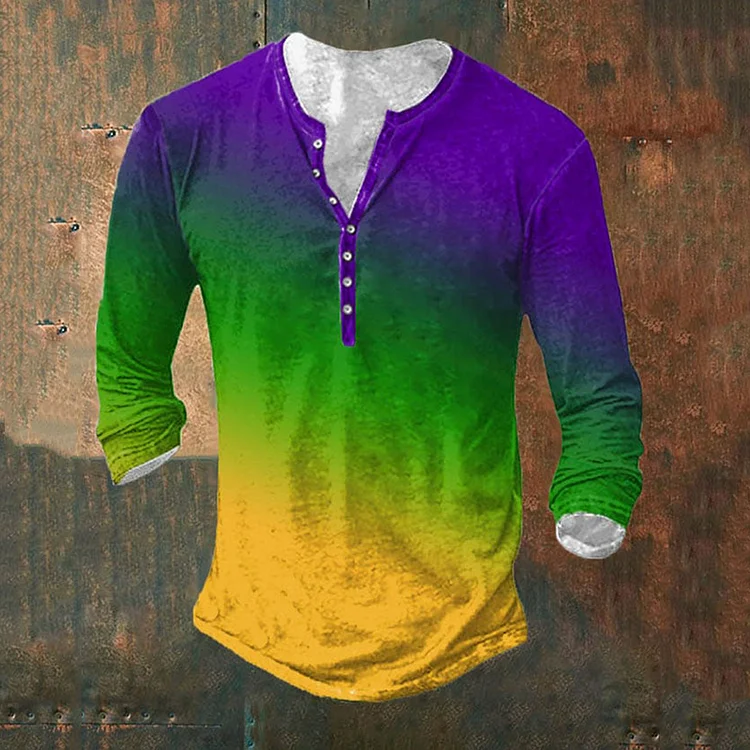 Comstylish Retro Button Classic Mardi Gras Purple Green And Gold Gradient Print T-Shirt