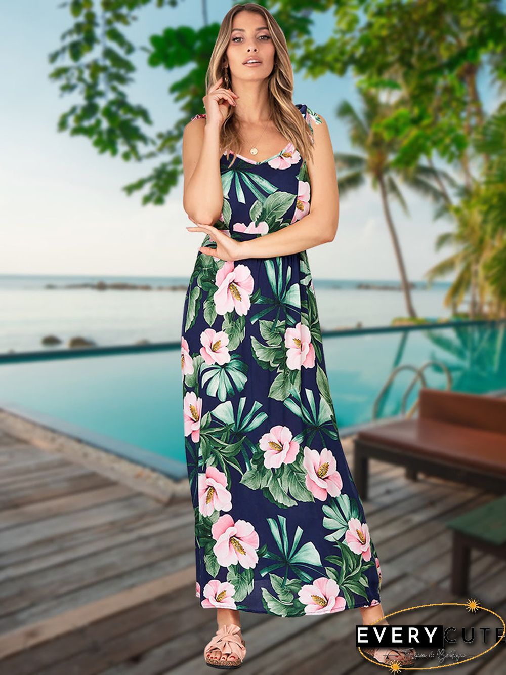 Adjustable Spaghetti Strap Floral V Neck Maxi Dress
