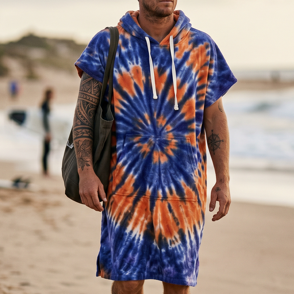thesupersurf Tie Dye Print Hooded Towel Robe, Soft Cotton Terry Cloth Beach Wrap With Pocket, Lightweight And Quick-Drying For Summe 