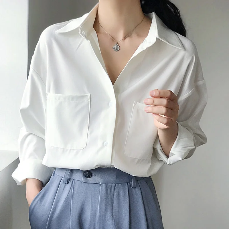 OL Style White Shirts for Women Turn-down Collar Pockets Women Blouse Tops Elegant Workwear Female Tops blusas femme 2020 Autumn
