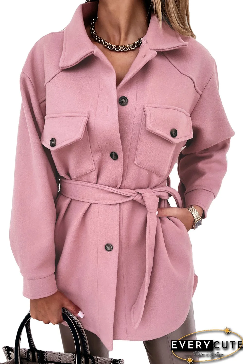 Pink Lapel Button-Down Coat with Chest Pockets