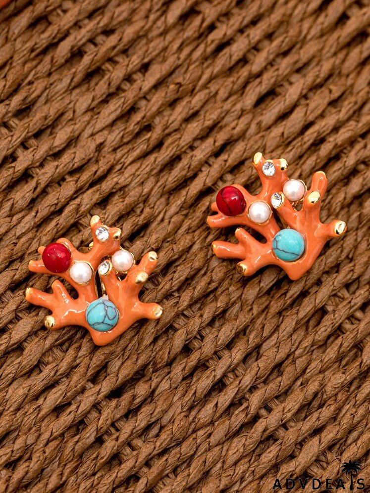 Faux Pearl & Rhinestone Decor Coral Stud Earrings
