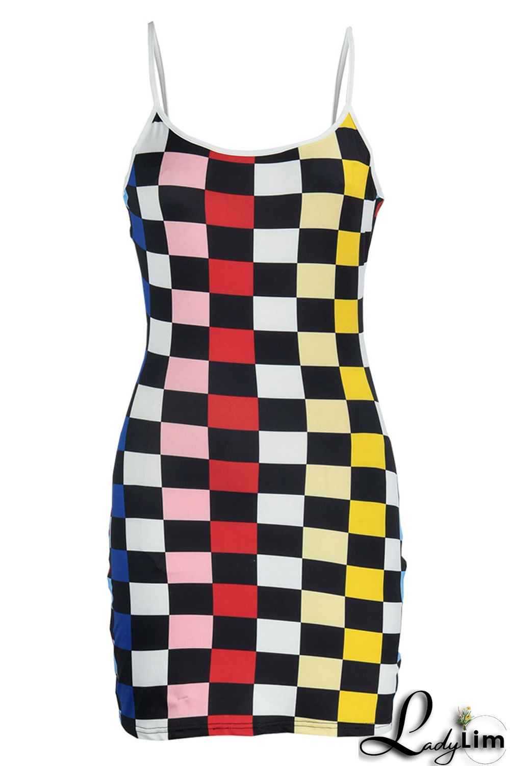 Rose Red Sexy Plaid Print Patchwork Spaghetti Strap Sling Dress Dresses