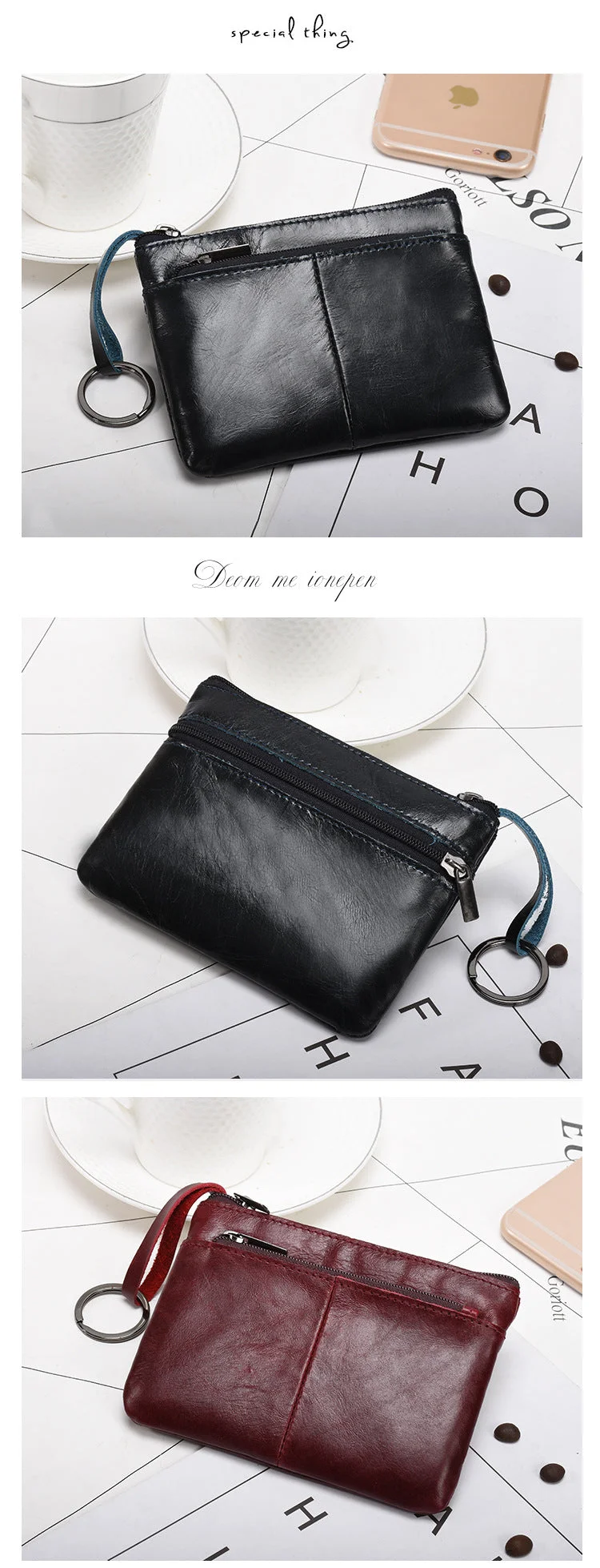 Retro zipper short cowhide small change card holder