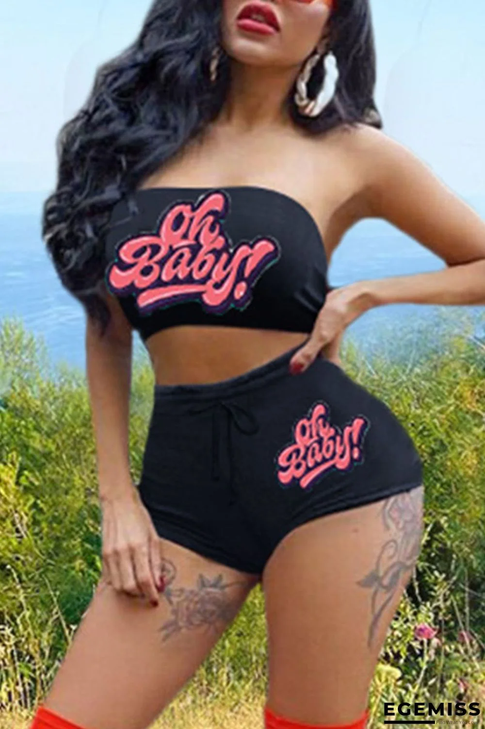 Black Pink Sexy Sportswear Print Patchwork Strapless Sleeveless Two Pieces | EGEMISS
