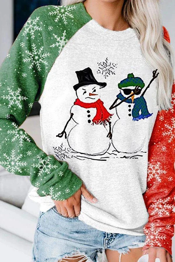 Snowman Patchwork Round Neck Sweatshirt-Allyzone-Allyzone
