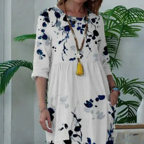 White Pullover Loose Blue Pattern Dress
