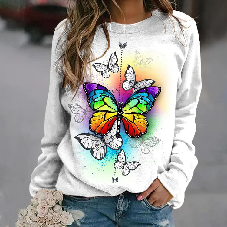 Rainbow Butterfly Print Long Sleeve Sweatshirt