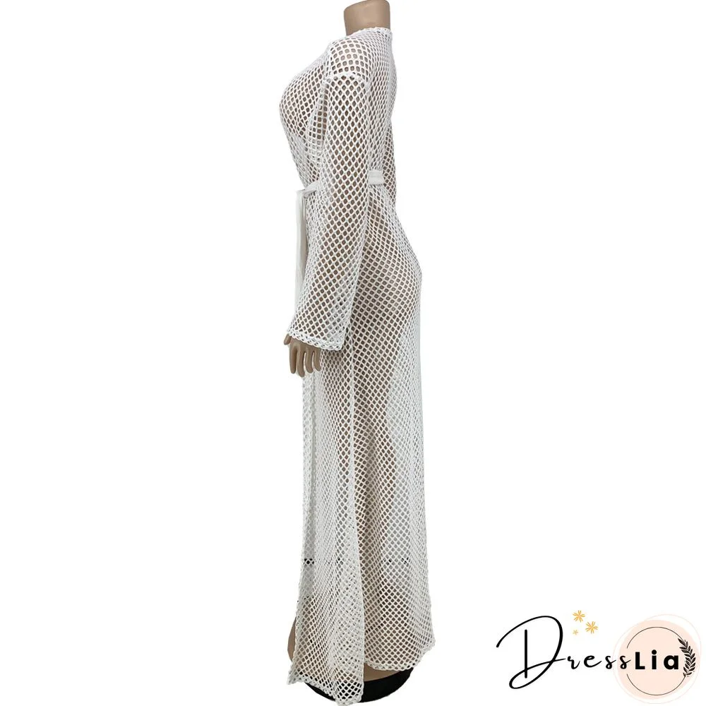 Beachwear Long Sleeve Mesh Grid Cardigan Cover-ups