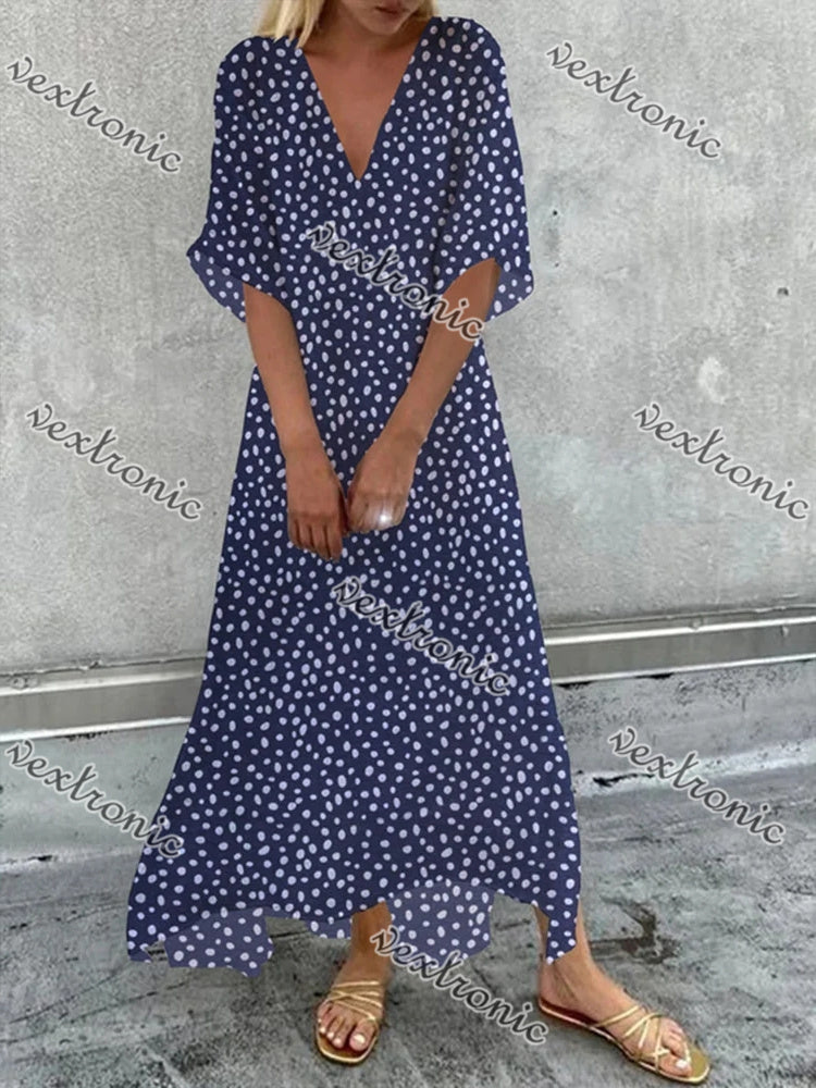 Women's Blue Half Sleeve V-neck Graphic Polka Dot Printed Maxi Dress