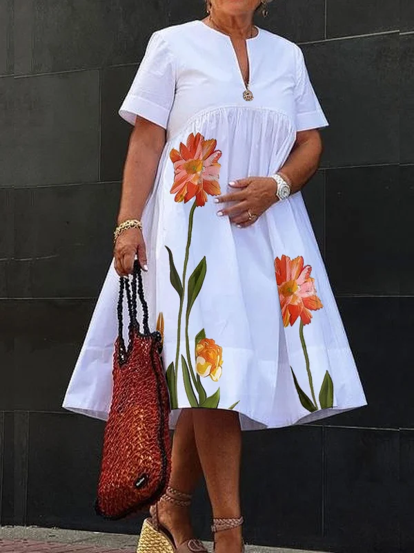 Flower Print Pleated A-Line High Waisted V-Neck Midi Dresses