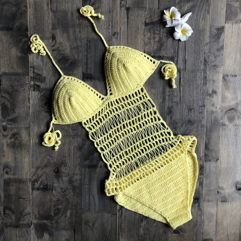 Fitshinling Bohemian Crochet Monokini Handmade One Piece Bodysuit Sexy Hot Backless Strappy Swimsuits Hollow Out Swimwear Women