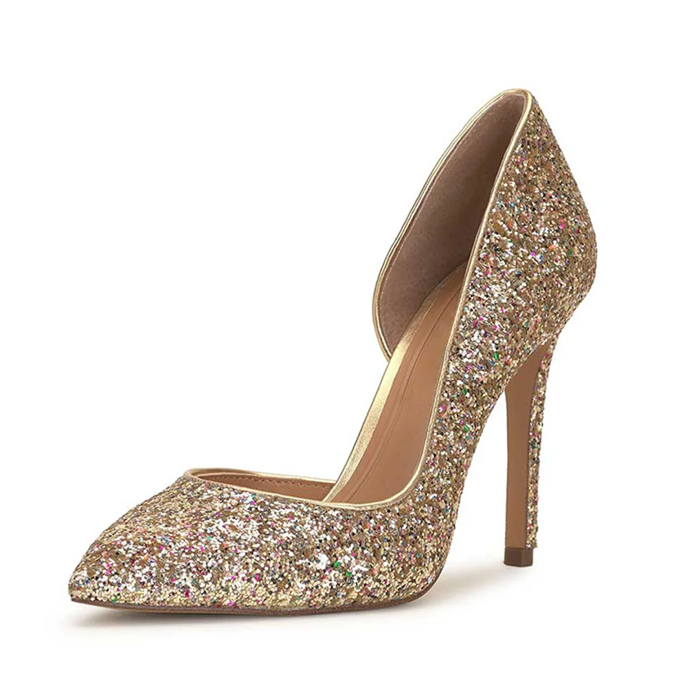 Gold Glitter Shiny Vegan Leather  Pointed Toe Pumps With Stiletto Heels Nicepairs