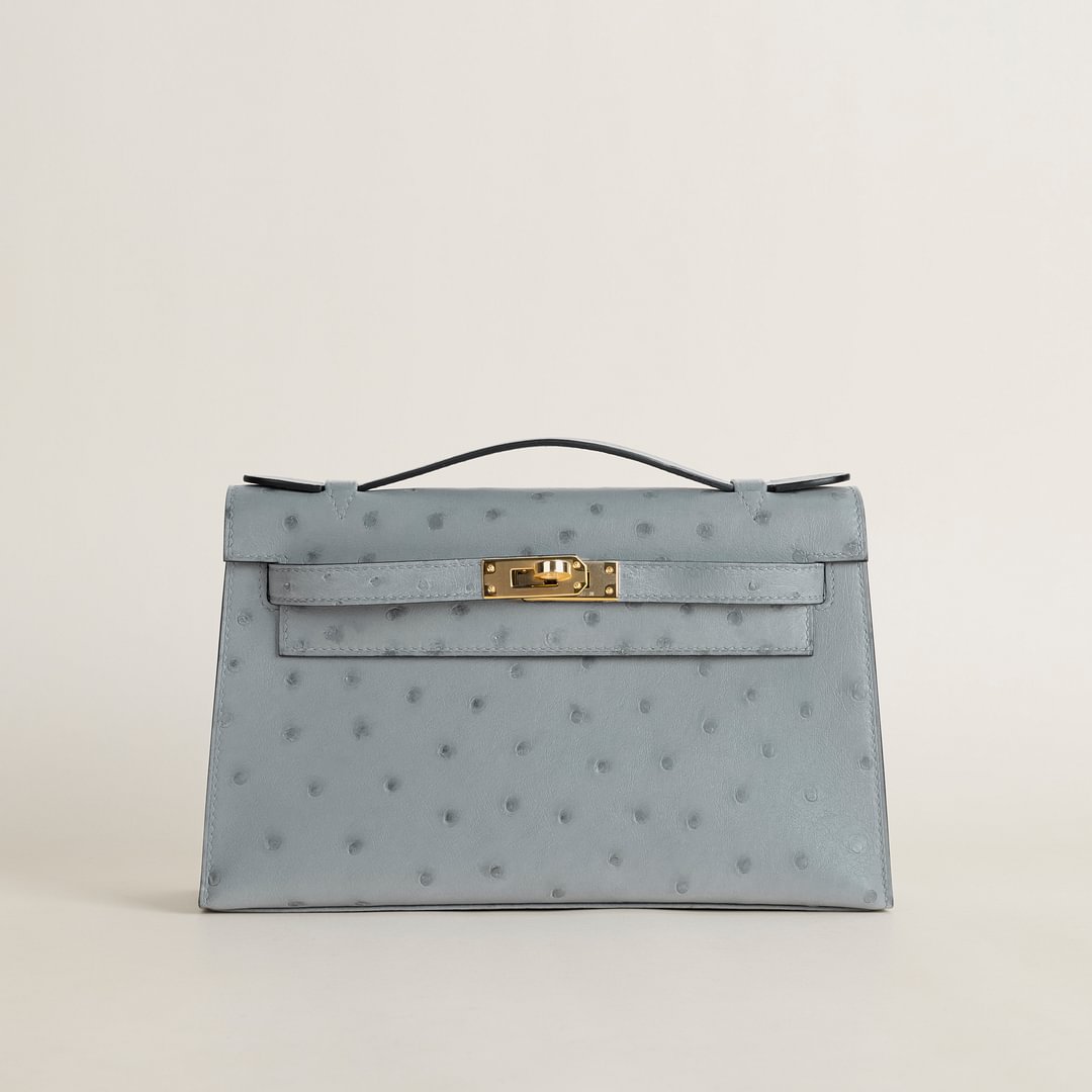 Kelly pochette Ostrich 8U Blue Glacier GHW