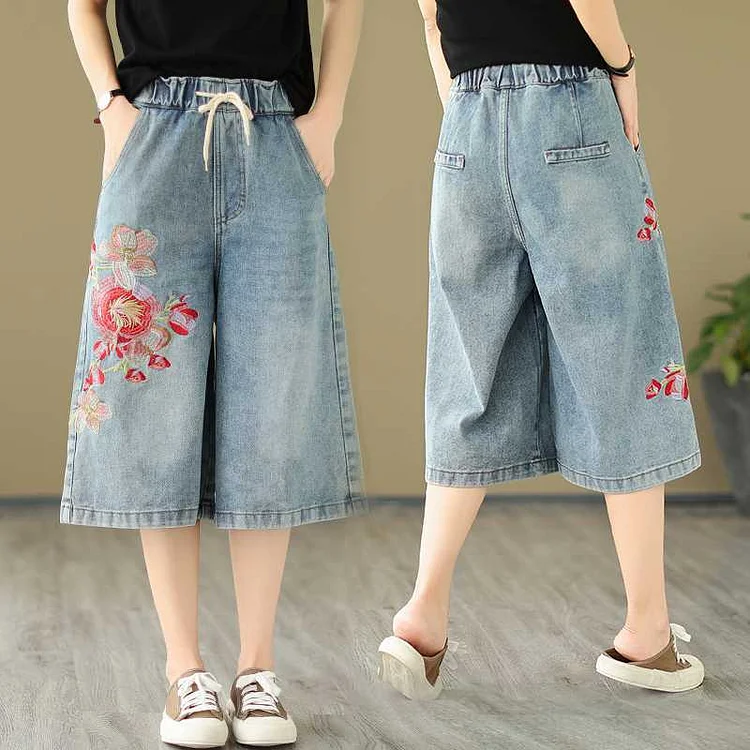 Ethnic Style Denim Embroidered Wide Leg Pants - yankia