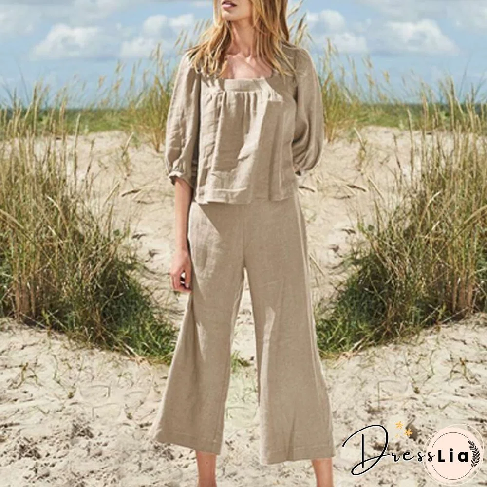 Casual Half Sleeve Square Neck Top And Straight Ninth Pants Suit Women Fashion Solid Loose 2 Piece Set Simple Cotton Linen Suits