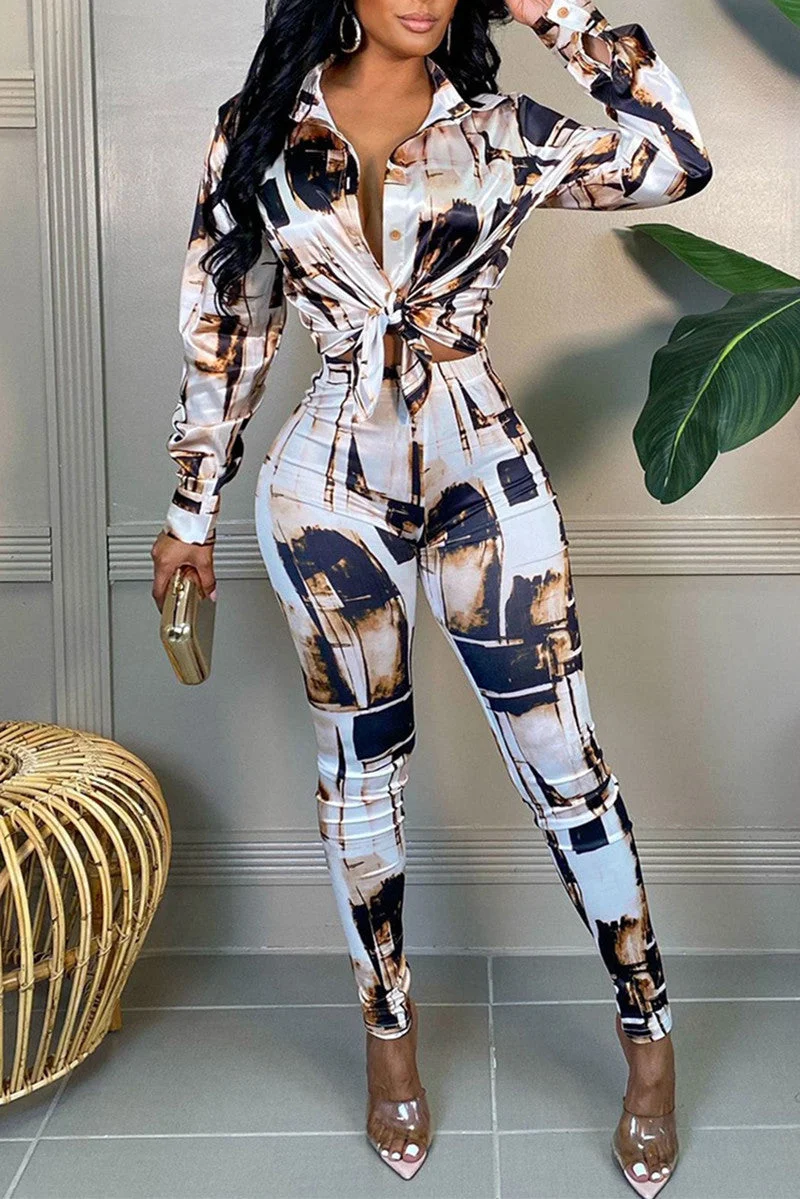 Fashion Casual Print Basic Turndown Collar Long Sleeve Two Pieces