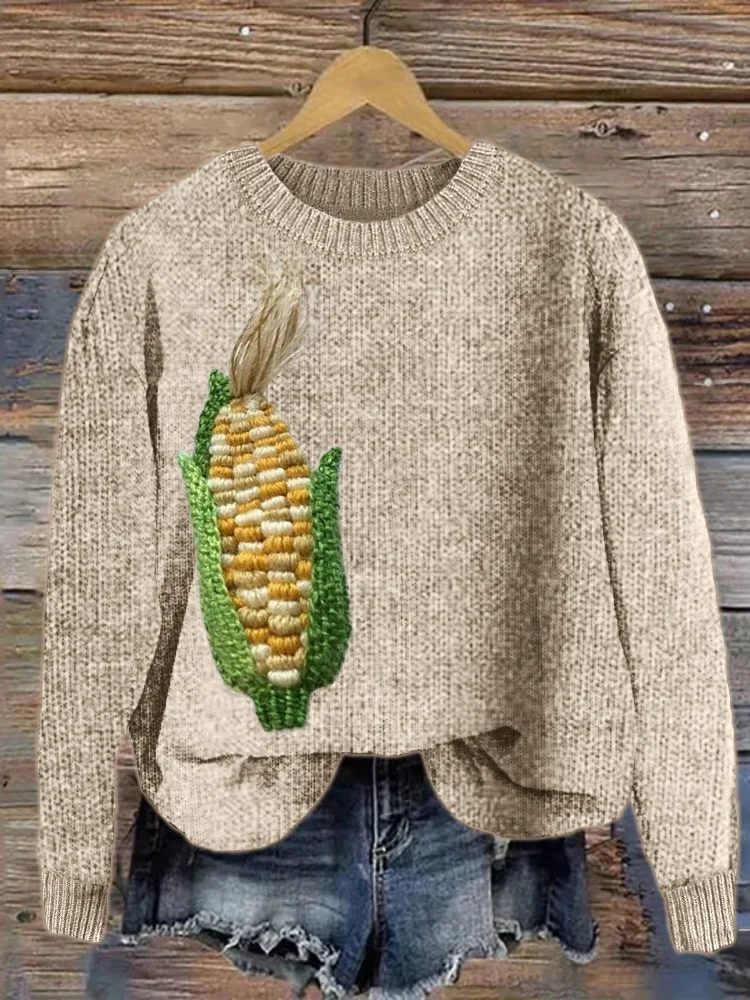 VChics Maize Embroidery Farm Girl Cozy Knit Sweater