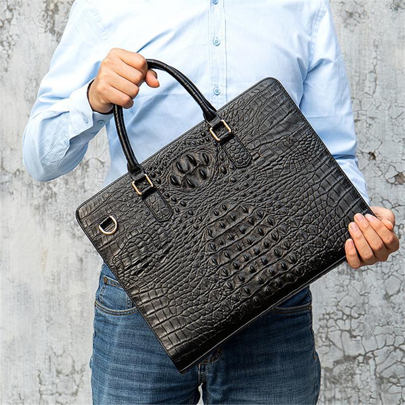 Vintage Genuine Leather Crocodile-Textured Style Top-Handled Business Bag