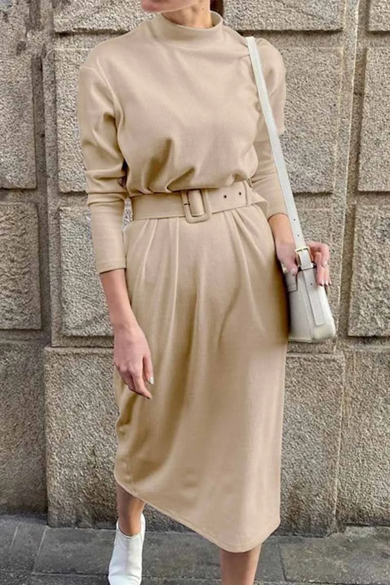Loose Long Sleeve Solid Color Midi Dresses