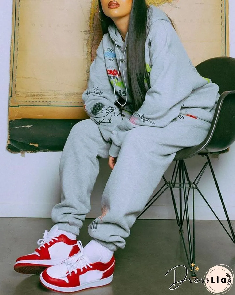 Letter Print Hooded Top & Pants Set P13221