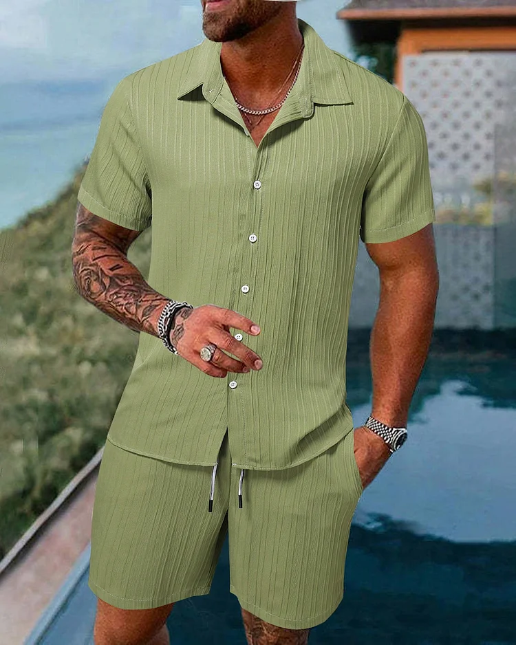 Suitmens Men'sTextured Stripe Short Sleeve Shirt Set 0091