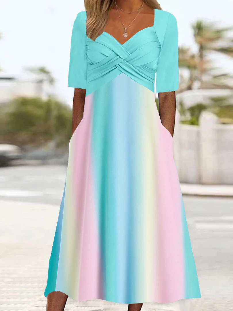 Women Half Sleeve V-neck Colorblock Stitching Midi Dress