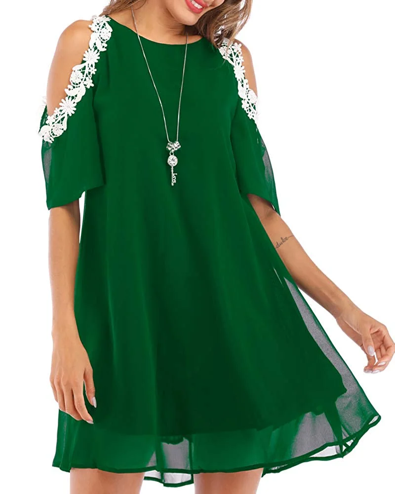 Summer Chiffon Lace Dress Ladies Cold Sleeve Casual Plus Size S-XXXXL Sundress Women Solid Elegant Party Dress