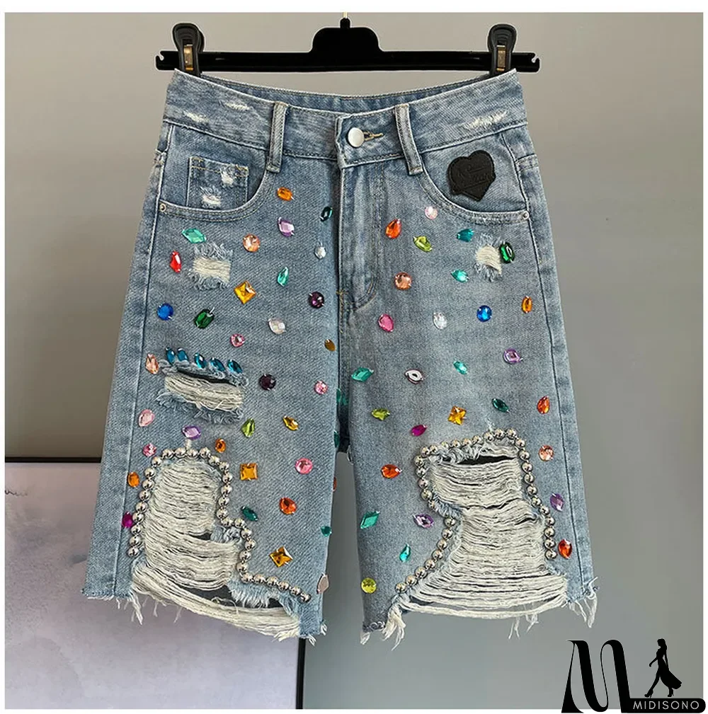 MidiSono - Women Diamond Beaded High Waist Ripped Denim Shorts