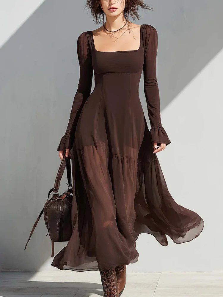 Vintage Square-neck Sheer Sleeves Flare Midi Dress