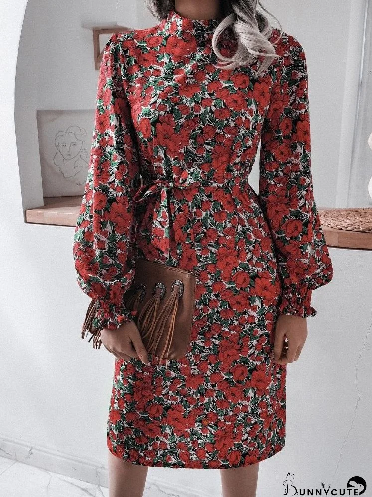 Women's Dresses Floral Stand Collar Lantern Long Sleeve Chiffon Dress