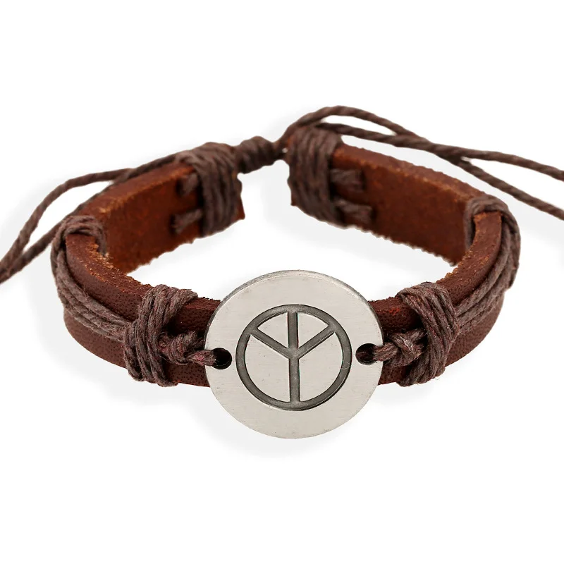 Punk retro woven leather bracelet and peace logo Bracelet