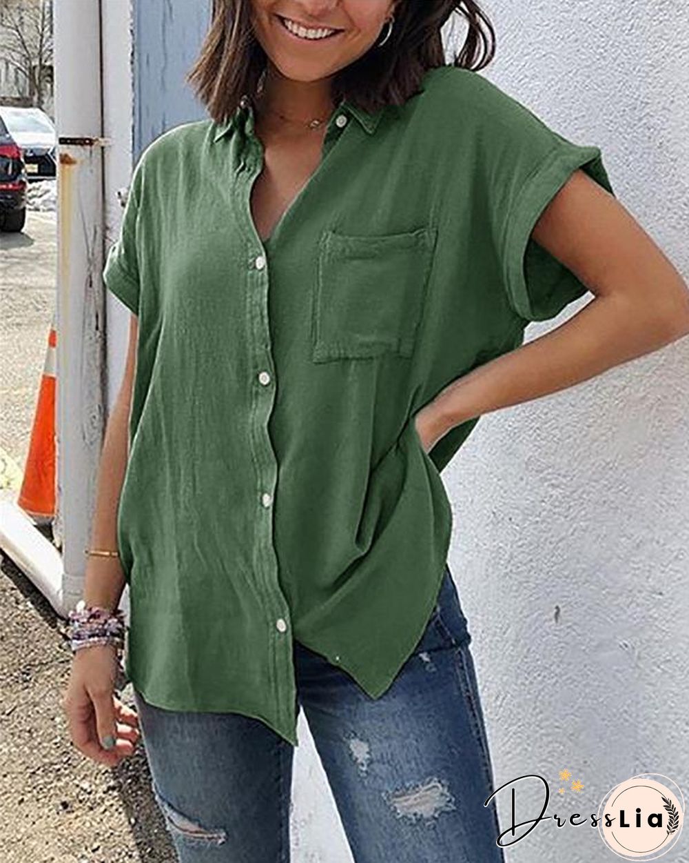 Pockets Short Sleeve Buttoned Down Plus Size Blouses