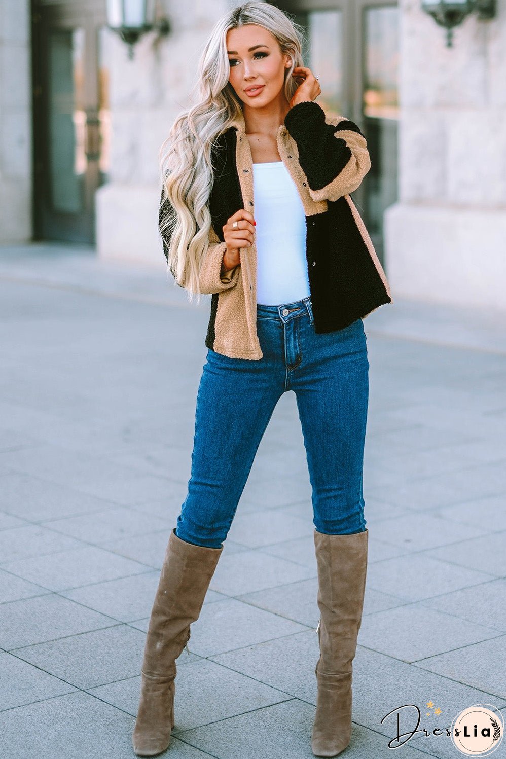 Colorblock Checkered Sherpa Jacket