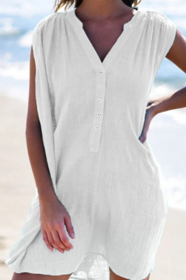 Solid Fashion V-neck Button Casual Sleeveless Dres
