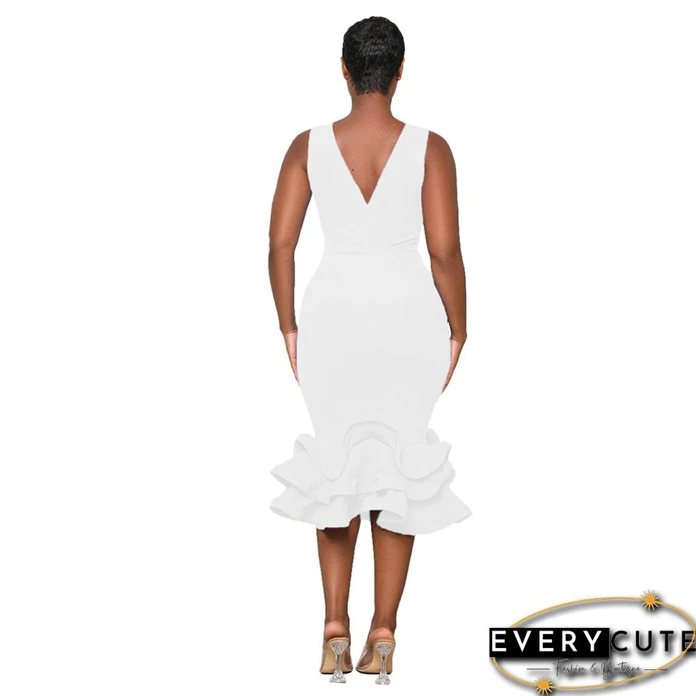 White V Neck Sleeveless Tiered Ruffle Midi Dress