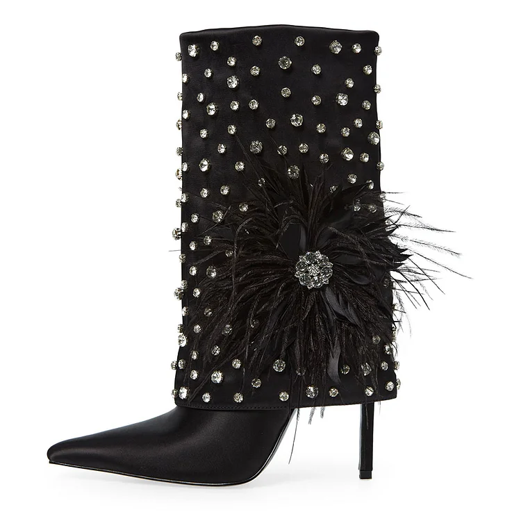 FSJ Black Satin Rhinestone and Feather Decor Heeled Fold Over Boots |FSJ Shoes